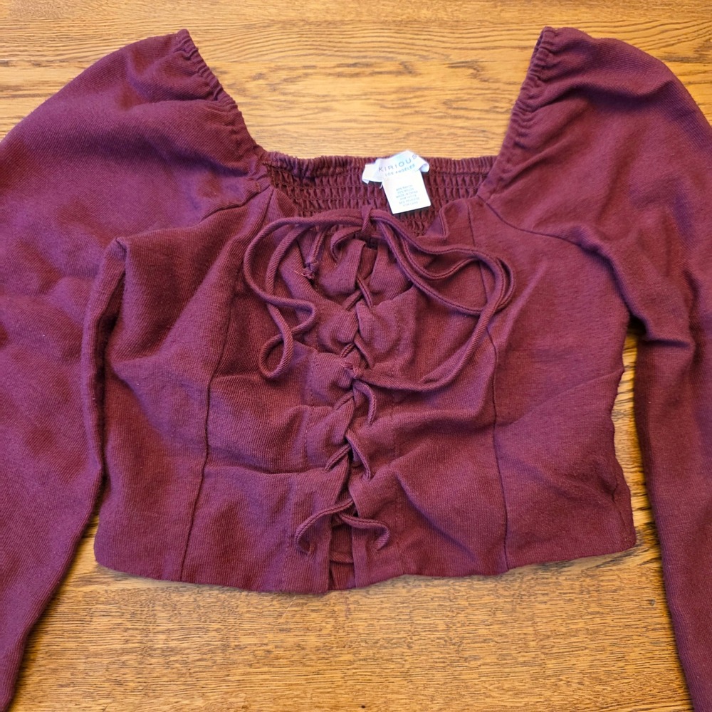 Kirious Crop Top Burgundy Long Sleeve Square‎ Neck Lace Up Smocked Boho Coquette - Picture 2 of 10